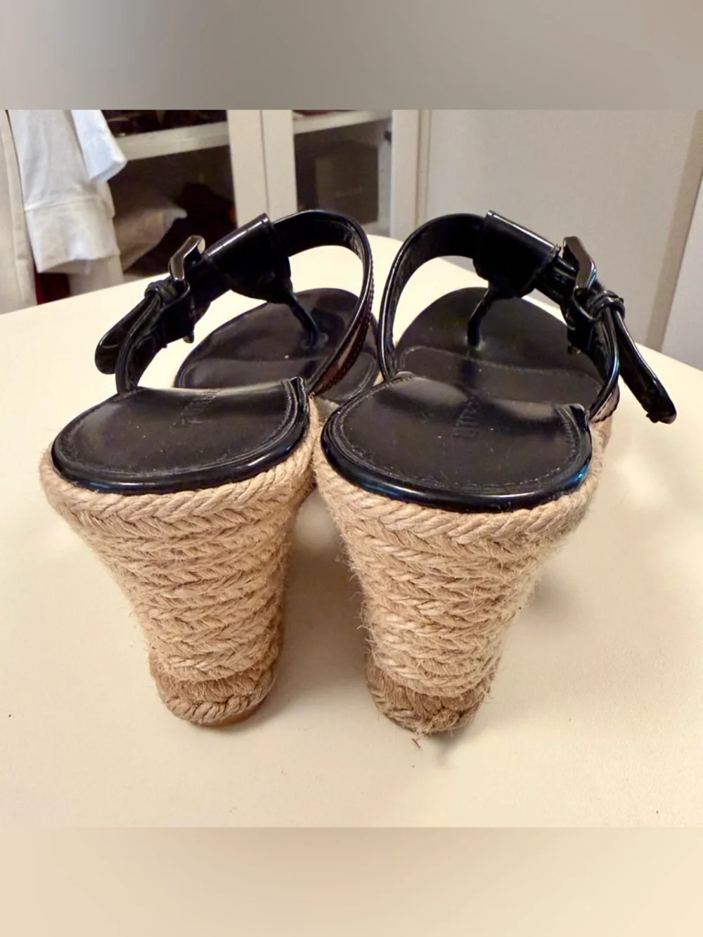 Burberry Wedge Sandals |Black Patent Leather Nova Check Strap Espadrille Size 8 - Picture 4 of 10